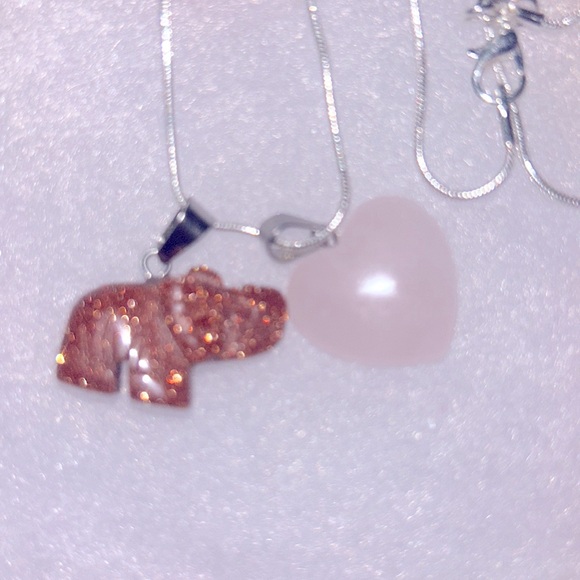 Boho Hippie Rose Quartz Crystal heart & Goldstone Elephant 🐘 16” Silver … - Picture 5 of 6